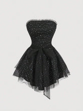 1pc Black Glitter Tube Top Mesh Patchwork Women Party Dress